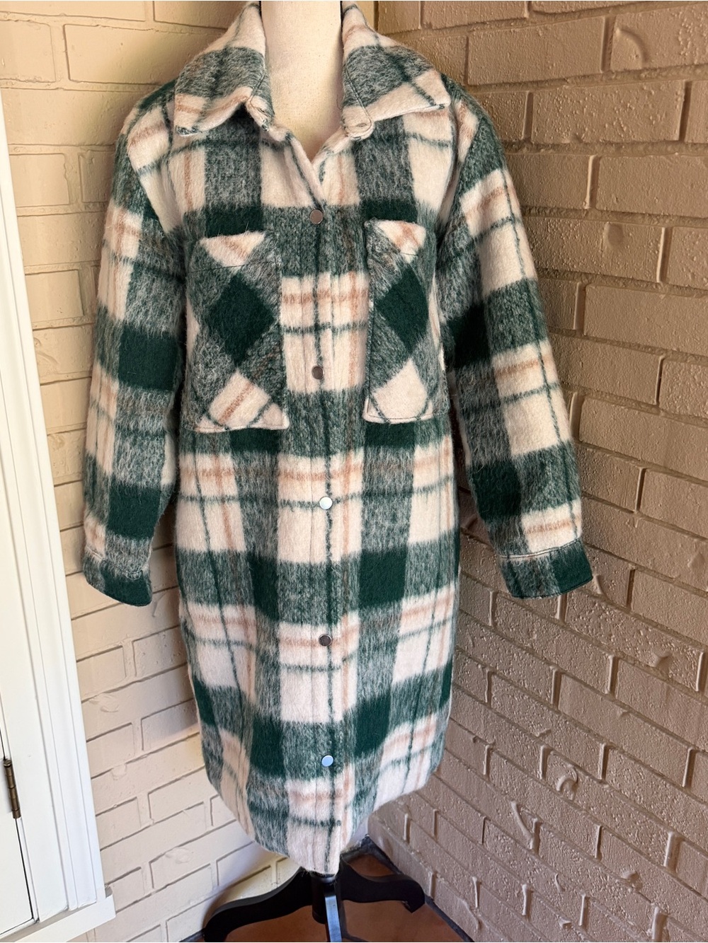 Abercrombie & Fitch Dad Coat Womens M Green Plaid Wool Blend Jacket Shacket
